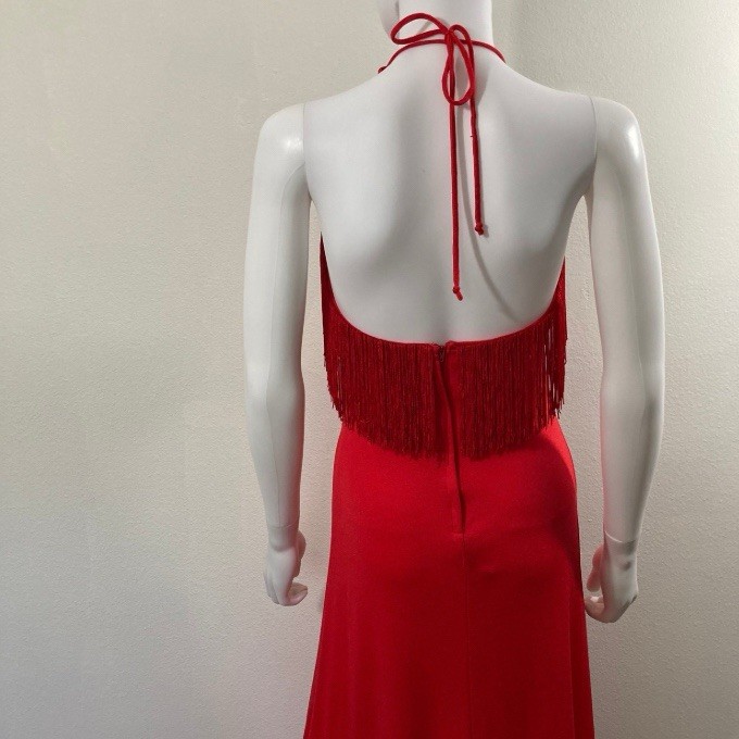 Vintage Disco Dress, Joy Stevens California Red Fringe 1970’s Retro Gown Size 6