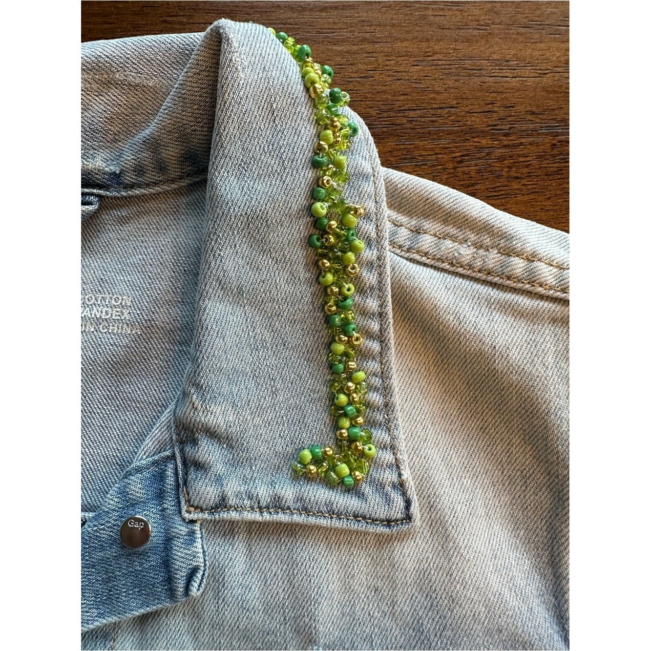 1969 Light Wash Denim Vest with Green Beaded Collar- size Large