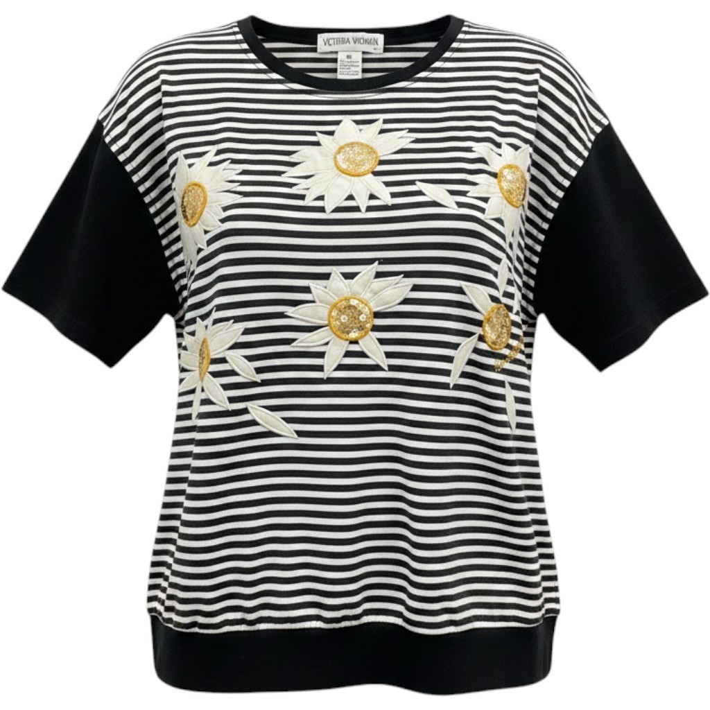 Women 2X Top Black White Striped Daisy Sequin Vintage 90s Mod Teacher