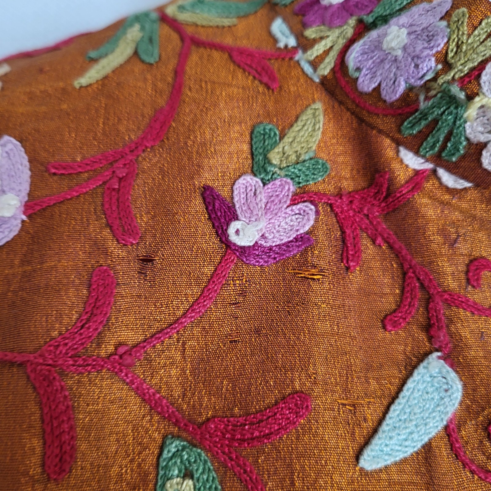 Vintage Long Kashmiri Aari Crewel Embroidered Copper Silk Jacket Floral Size L