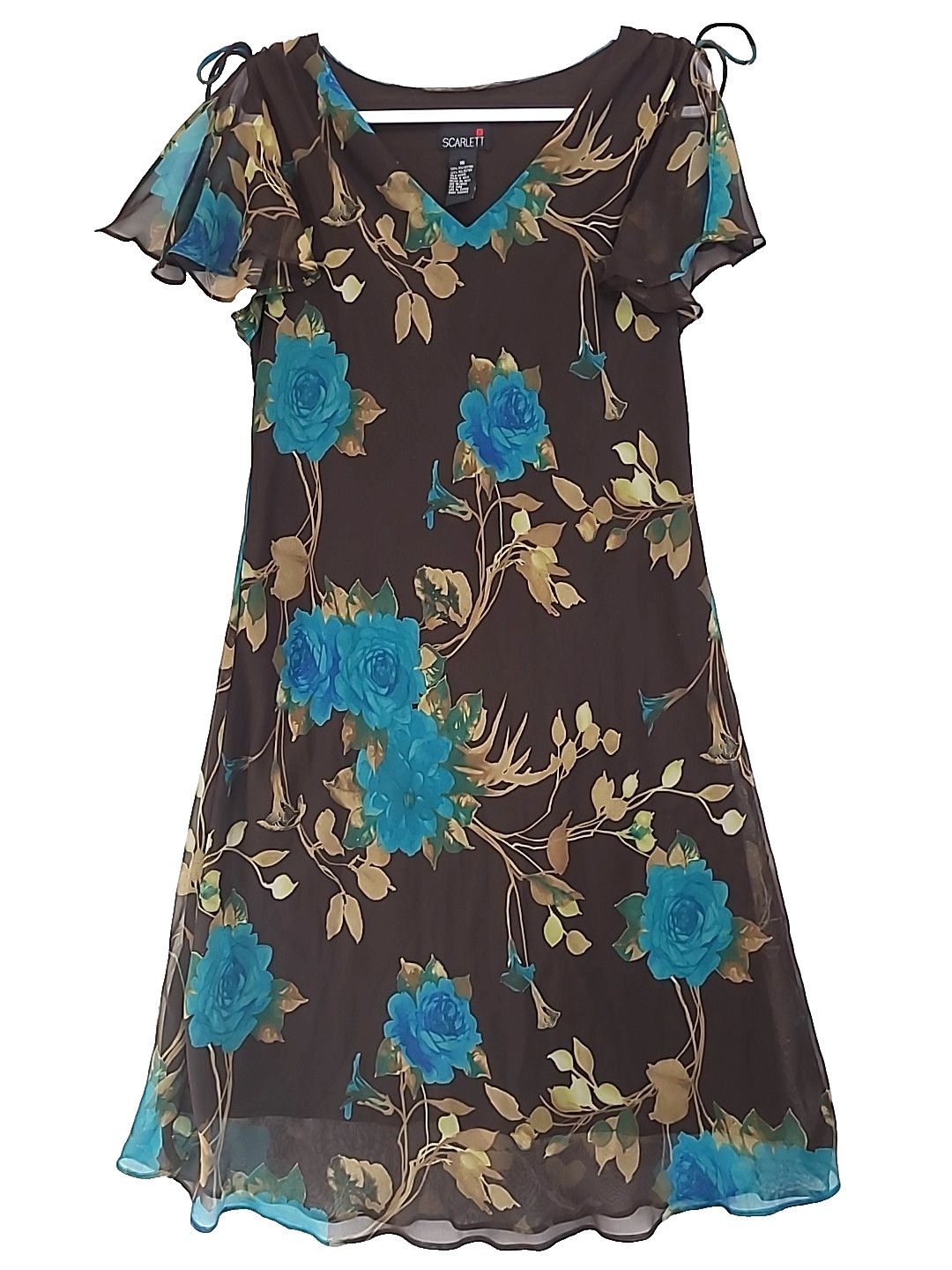 Curvy Fluttery Flowy Dress Vintage S 16 1990s Brown Blue Rose Print By Scarlett