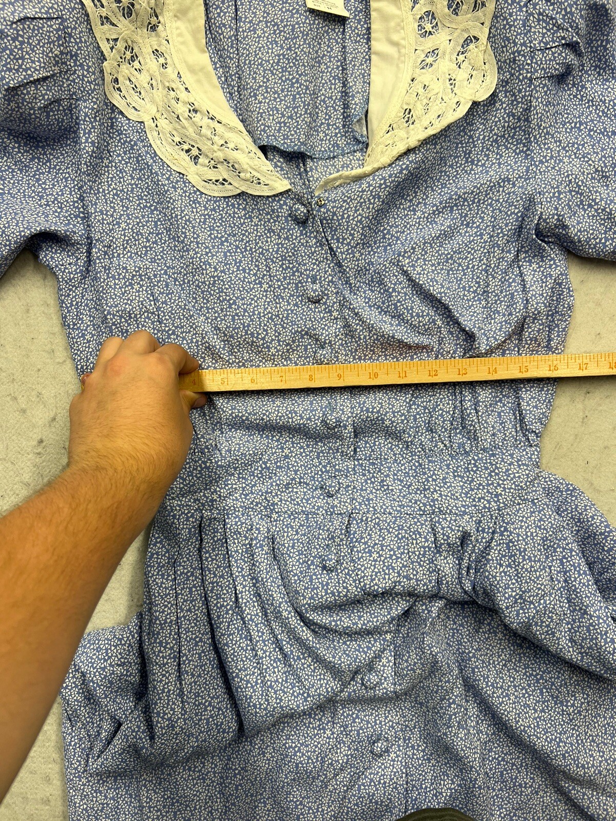 Vintage 80s Halamode Patties Bleu Rayon Colonial Style Dress 14 Lace Accent