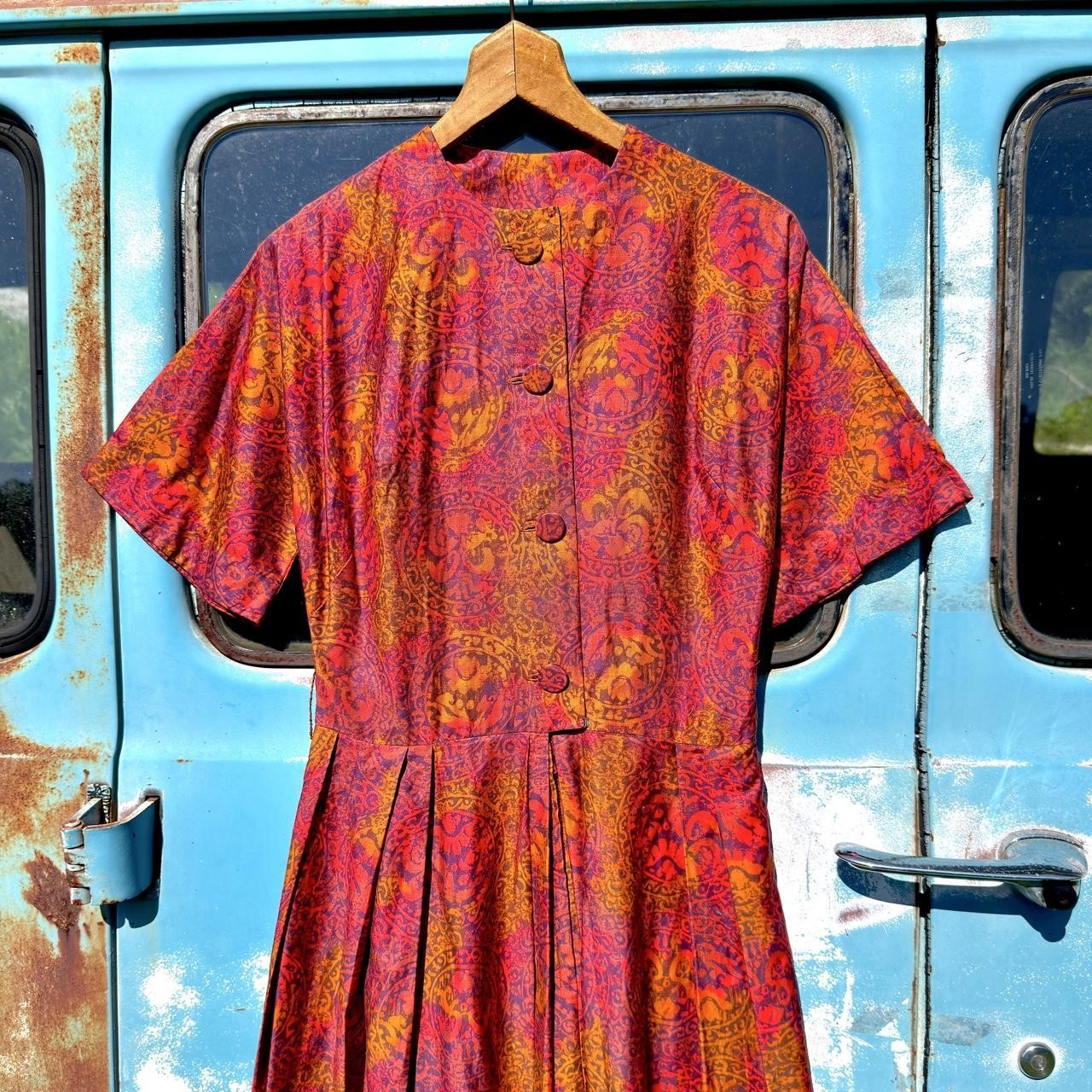 50s red & orange psychedelic medallion paisley silk cotton cocktail dress