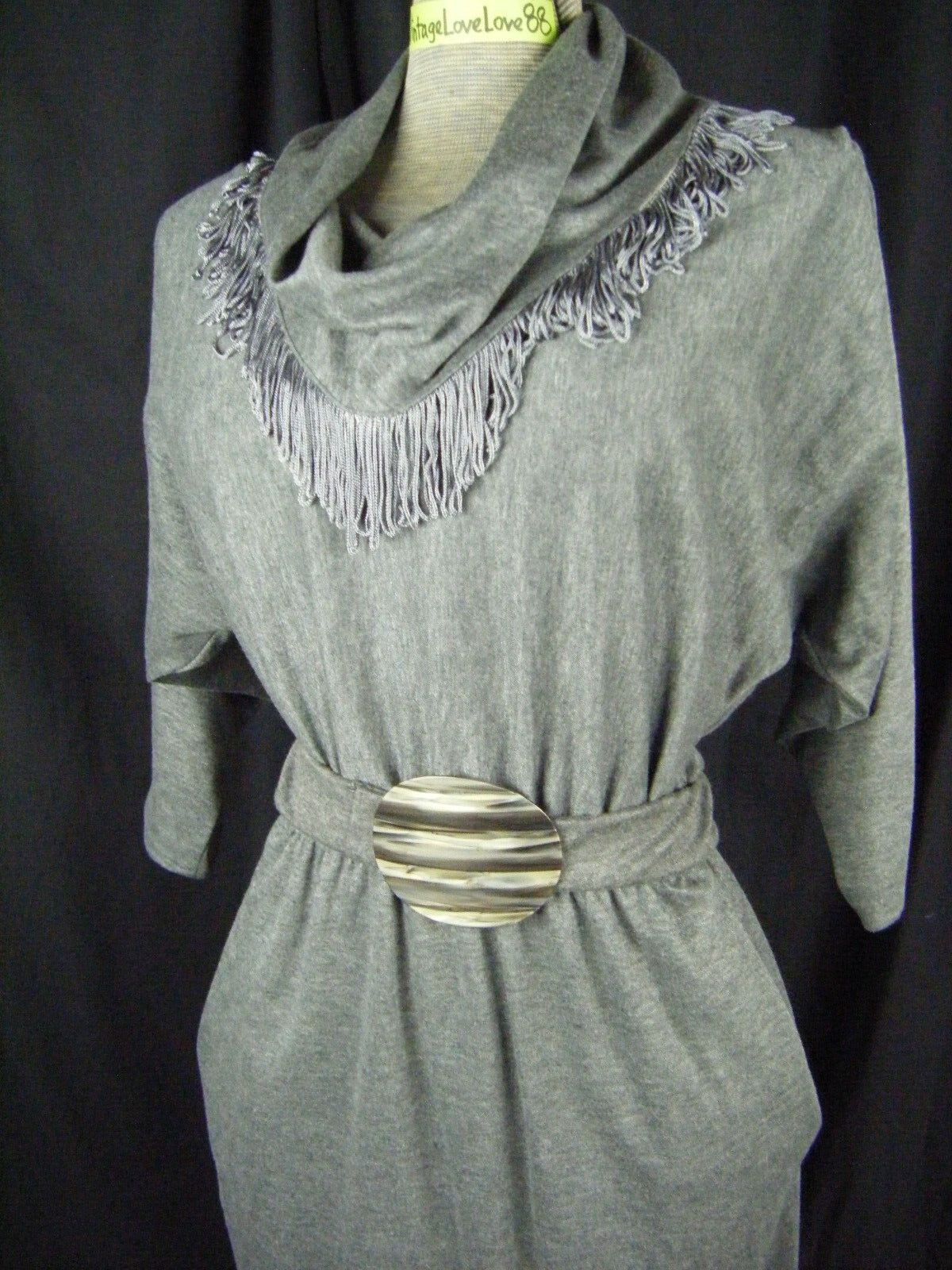 STUART ALAN Vtg 80s Heather Grey Knit Fringes Collar Western Dress-Bust 44/M