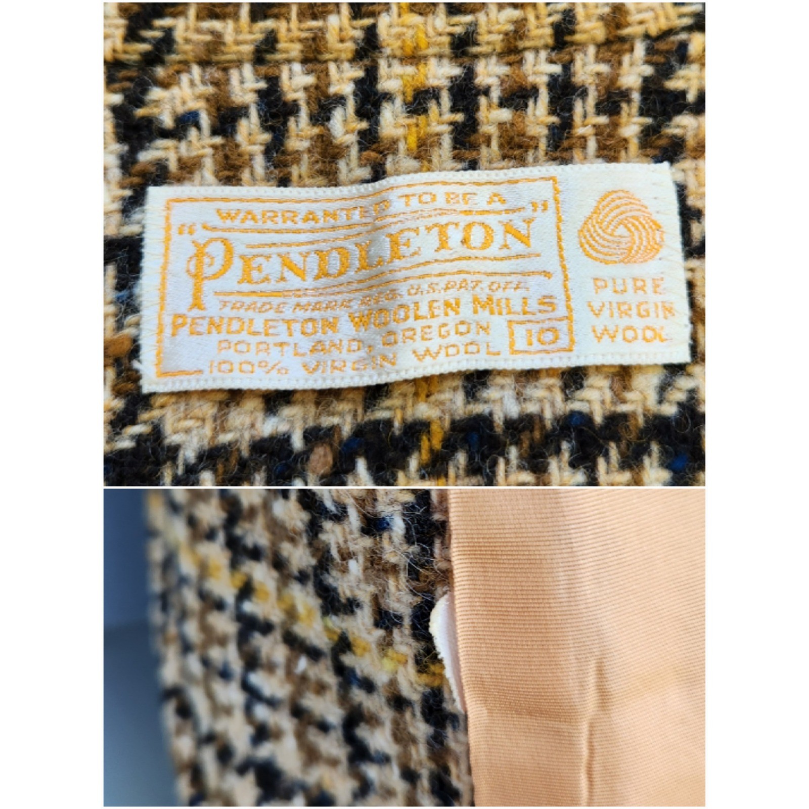 Pendleton Skirt Suit Tan Brown Yellow Houndstooth Plaid Virgin Wool Vintage 10