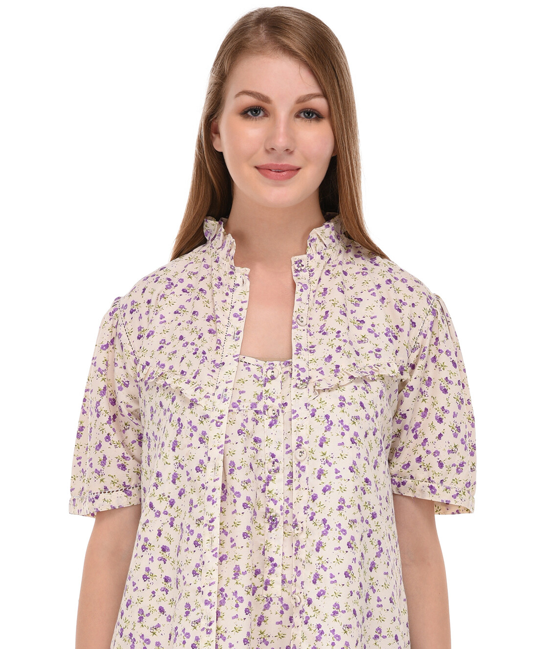 Wrinkle-Resistant Printed Nightdress/Housecoat Set | Cotton Lane