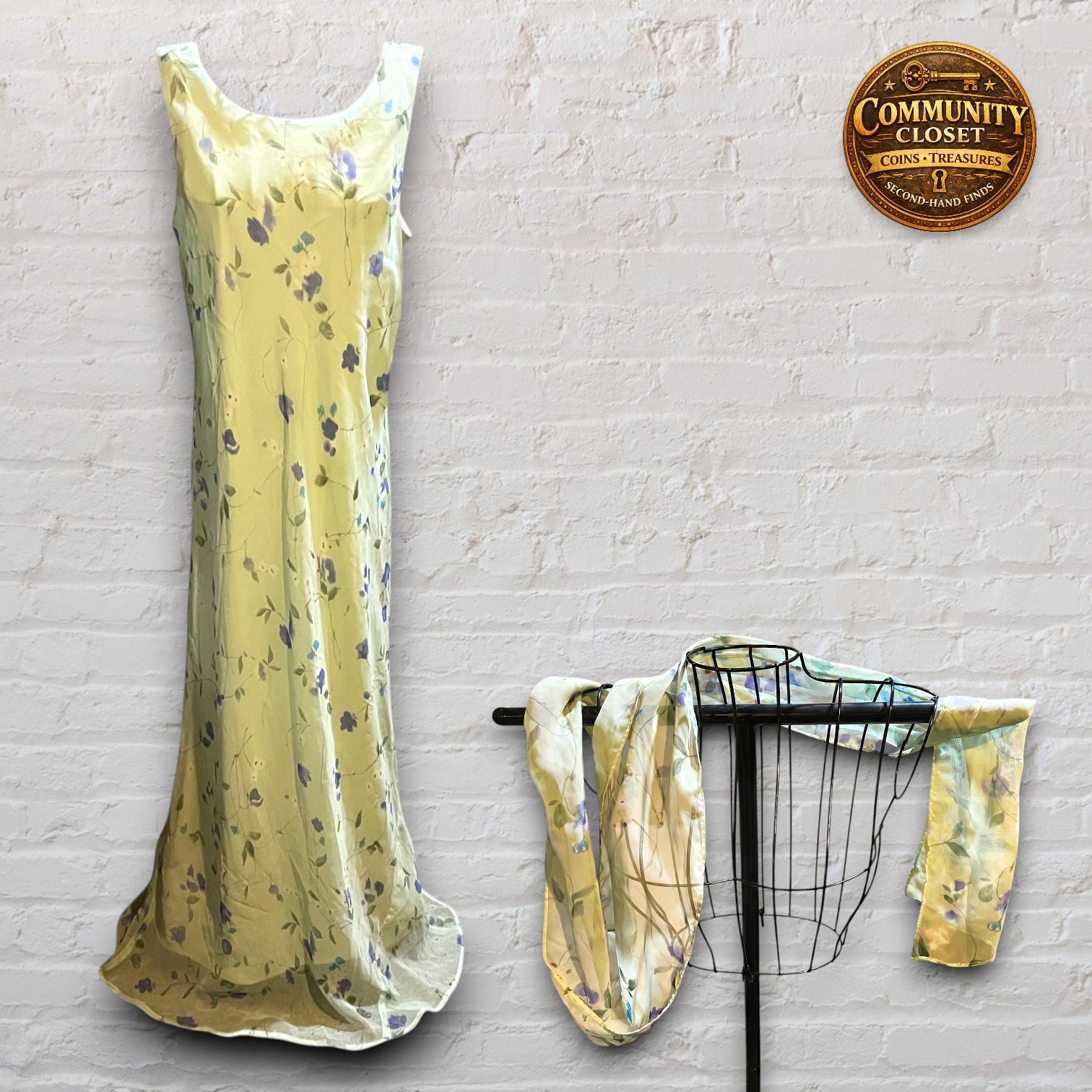 Giorgio Fiorlini 90s Floral Maxi Dress 5/6 Green Sheer Overlay w/ Scarf Vintage