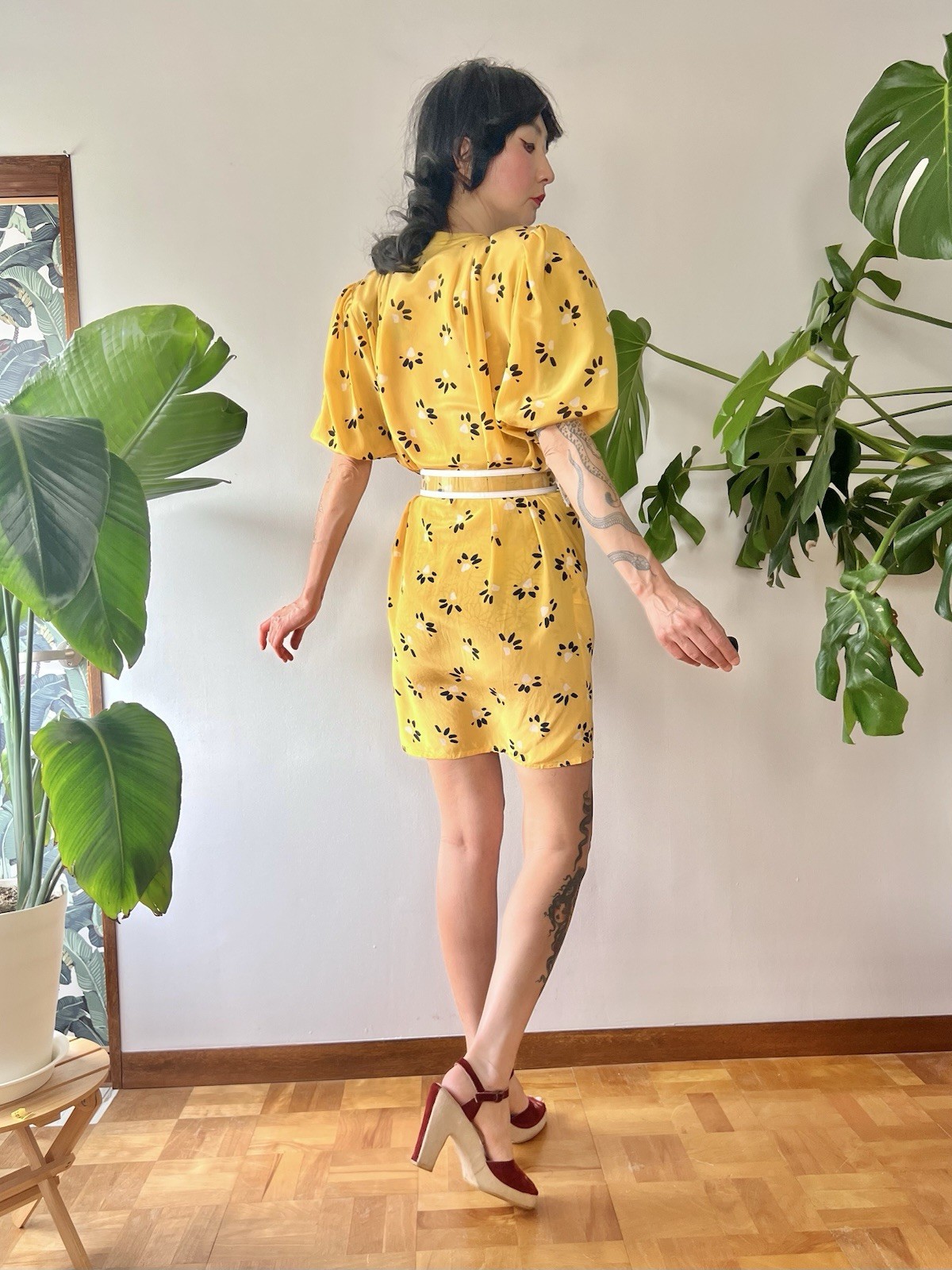 Vintage 80s Ungaro Solo Donna Italy Silk Puff Sleeve Mini Dress Yellow XS-M