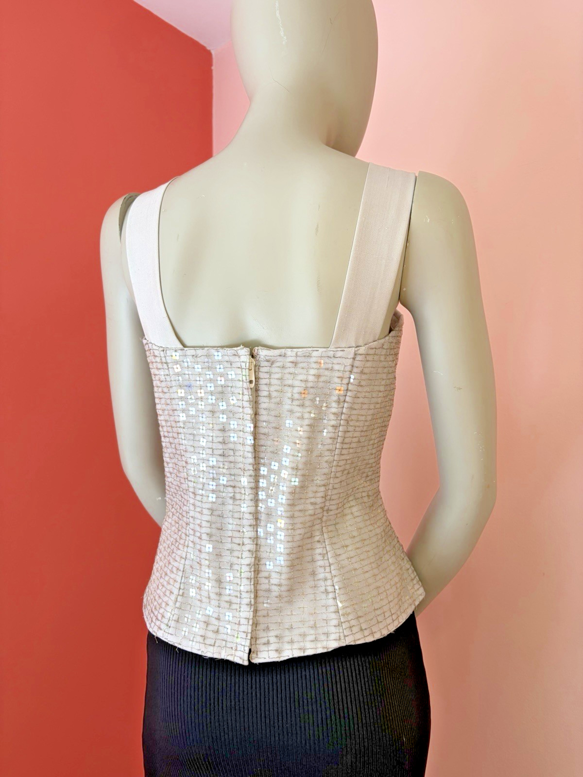 VTG 90s Y2K Sequin Silk Square Neck Wide Strap neutral gray Formal Corset top M