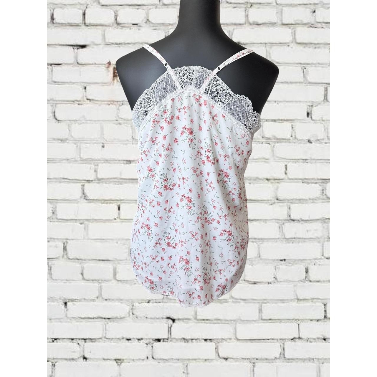 Heyson Cami Top Womens Small White Pink Floral Lace Trim V-Neck Adjustable Strap
