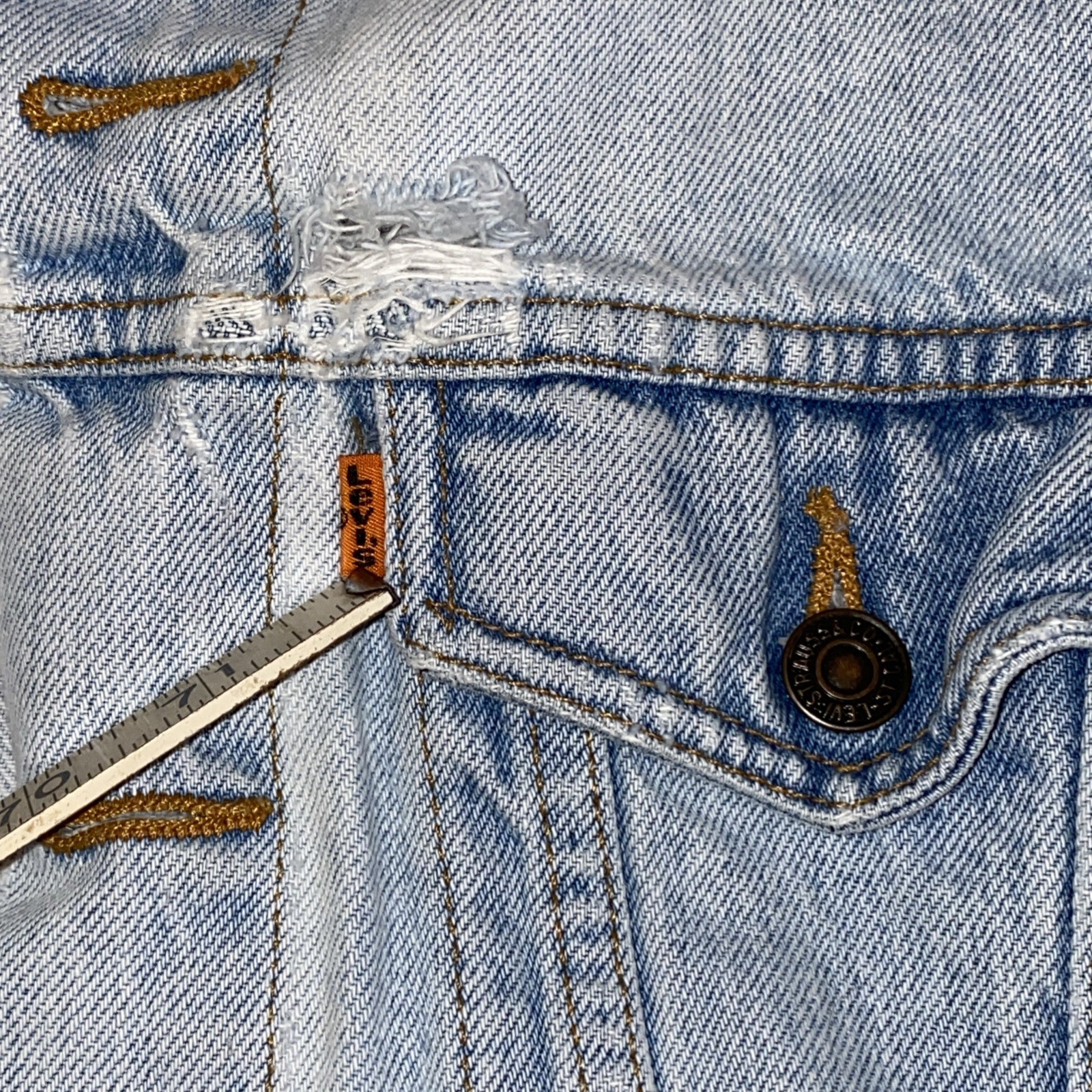 VTG Levis Orange Tab Trucker Jean Jacket 90’s Medium 12/14 Destroyed 57507 USA