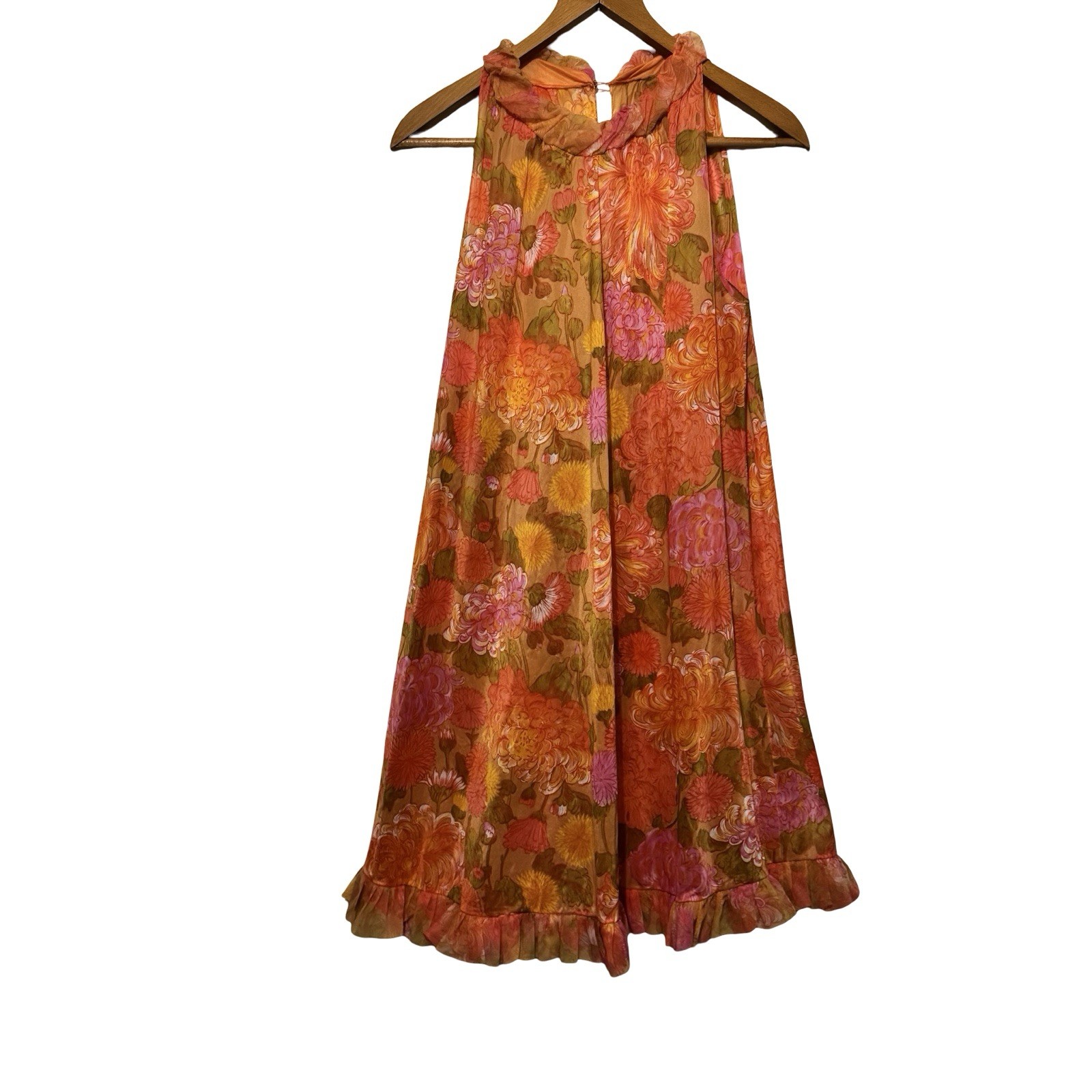 Vintage 60s Vanity Fair Slip Dress Peonies Floral Orange Groovy size Small