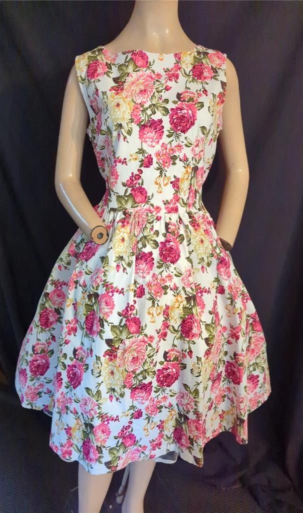 1980&rsquo;s-50&rsquo;s VINTAGE STYLE COTTON BLEND FLORAL LINDY BOP FULL DRESS-38&Prime; BUST