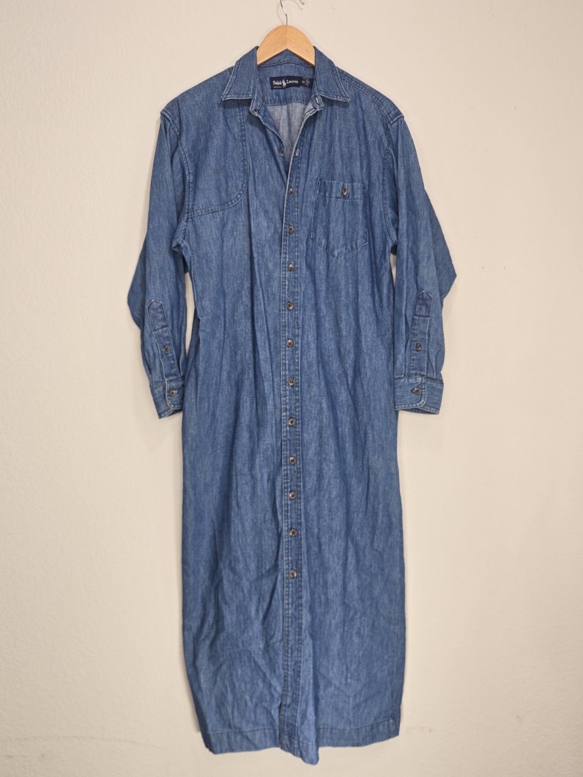 Vintage Ralph Lauren Denim Button Down Maxi Dress Duster Made In USA Size 12