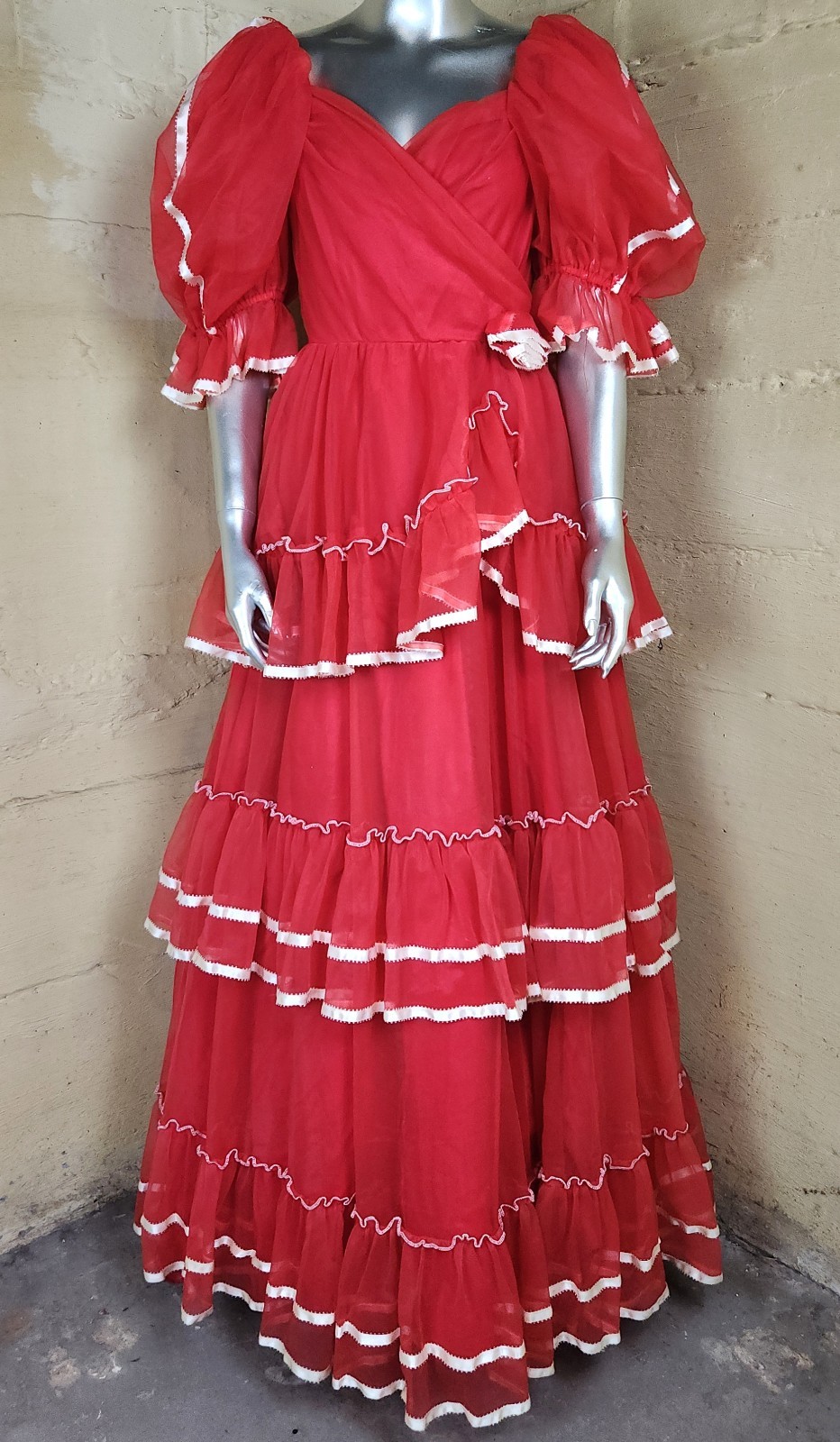 Vintage 1980s Full Skirt Ball Gown Red Ruffles- FLIRTATIONS By Alfred Angelo