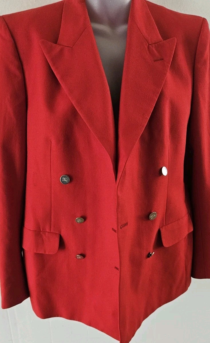 Vintage Burberrys&rsquo; Patrick James Cherry Red Double Breasted Wool Blazer Sz Lrg