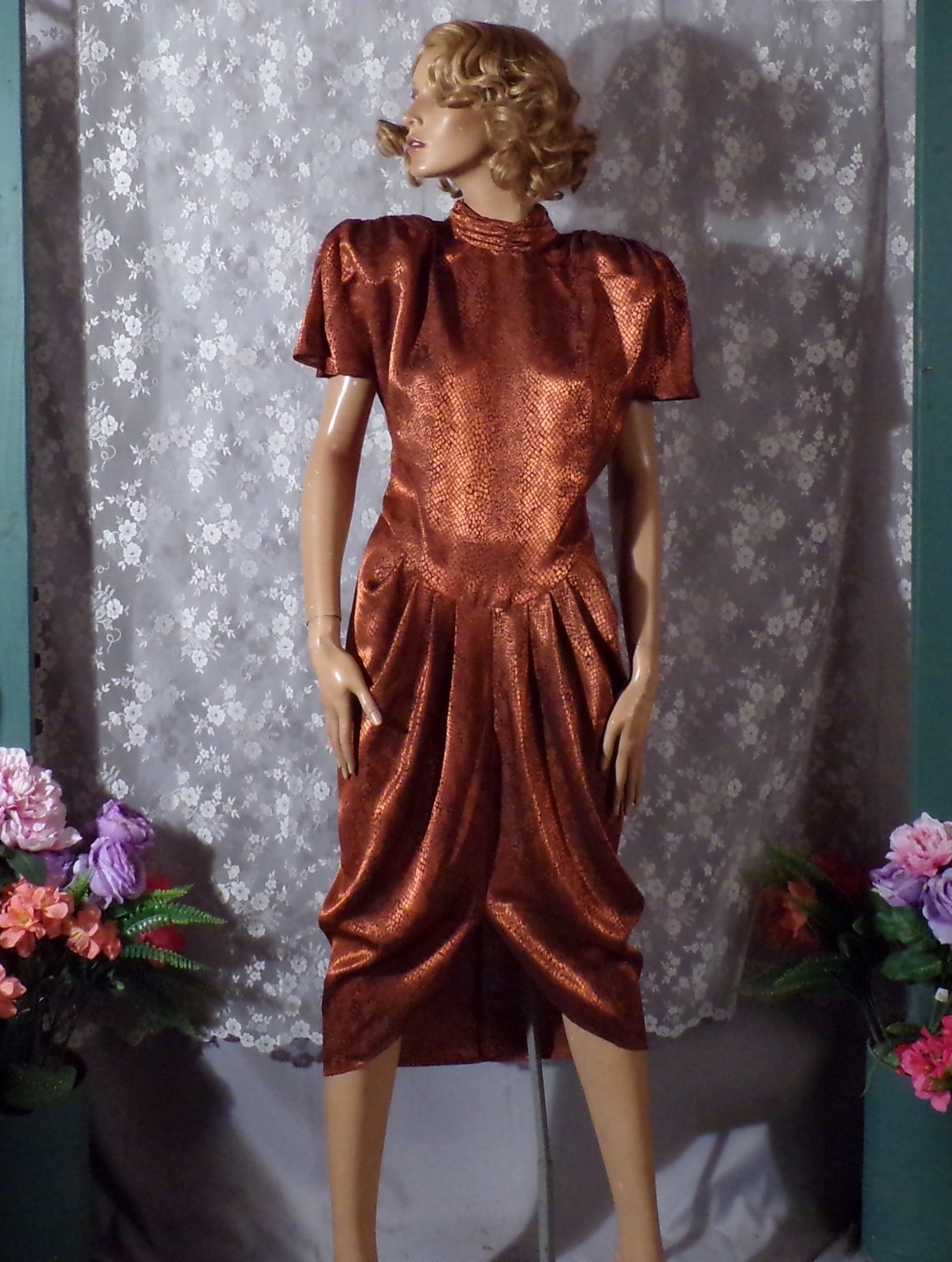 Vintage 80s Copper Cocktail Dress Size Medium 1980s Retro Snake Print Glam Chic