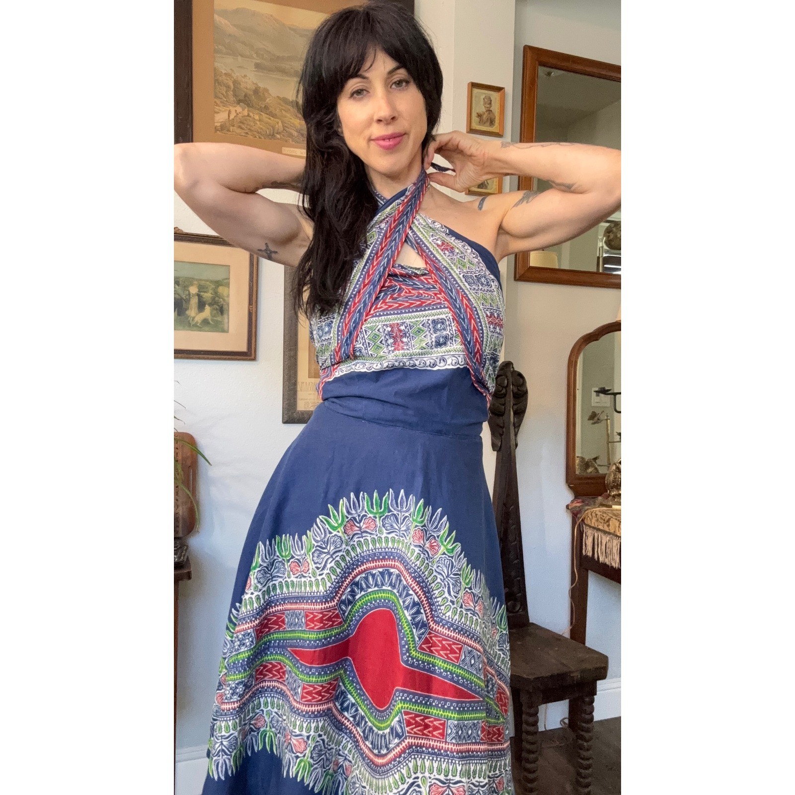 Vintage 60s 70s wrap convertible halter dress dashiki print hippie bohemian