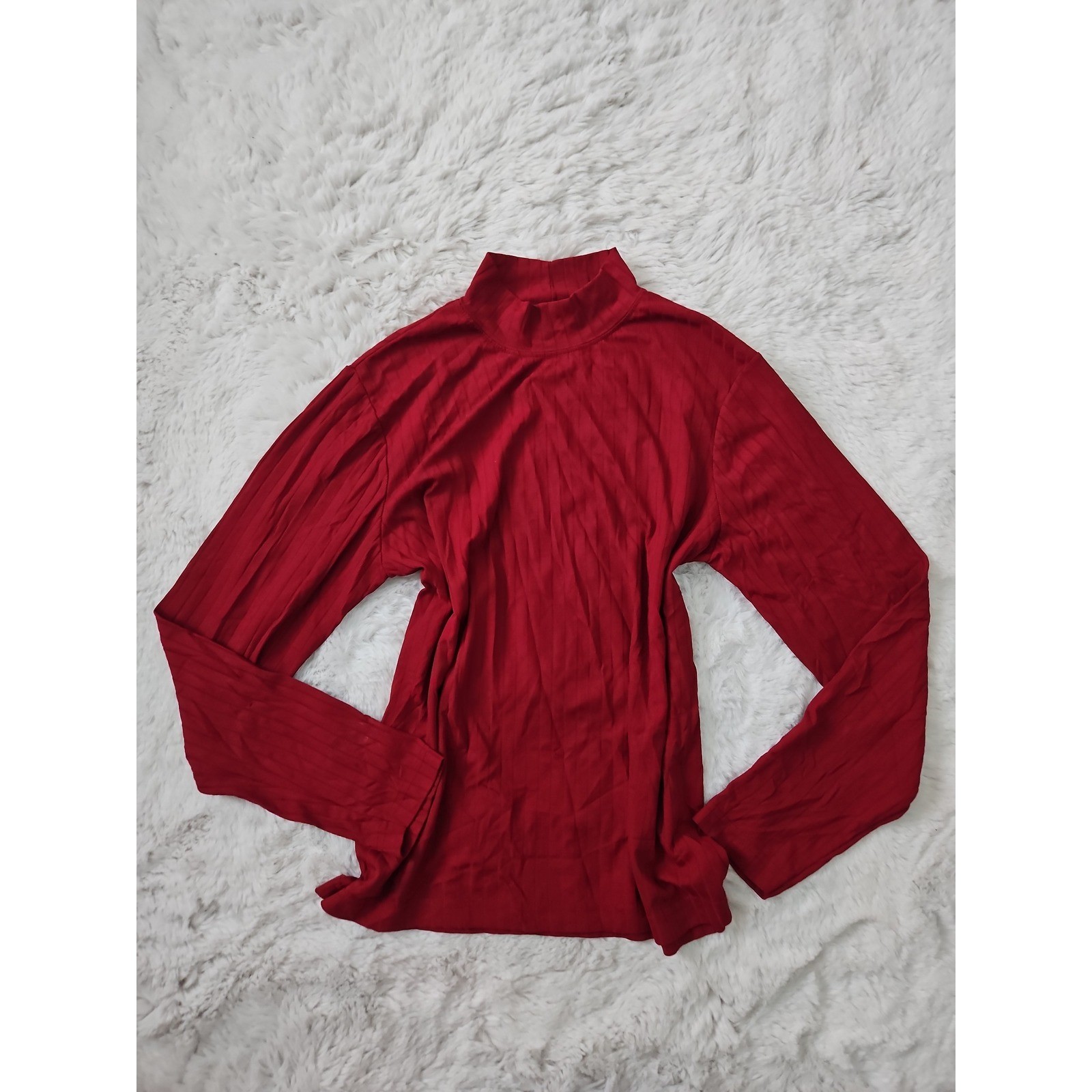 Vintage 90s Basic Equipment Red Ribbed Knit Mock Neck Long Sleeve Shirt XL