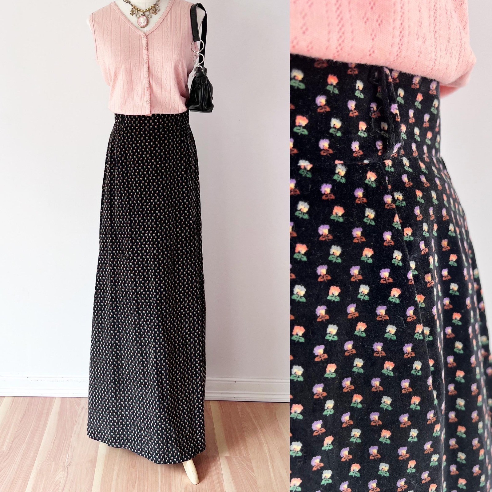 XS 1970s Black Velveteen Floral Maxi Skirt Whimsigoth Vintage Velvet