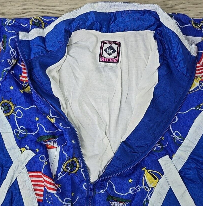 Vtg Basic Rituals Nautical Patriotic Blue Nylon Jacket & Pant Track Suit – Sz L