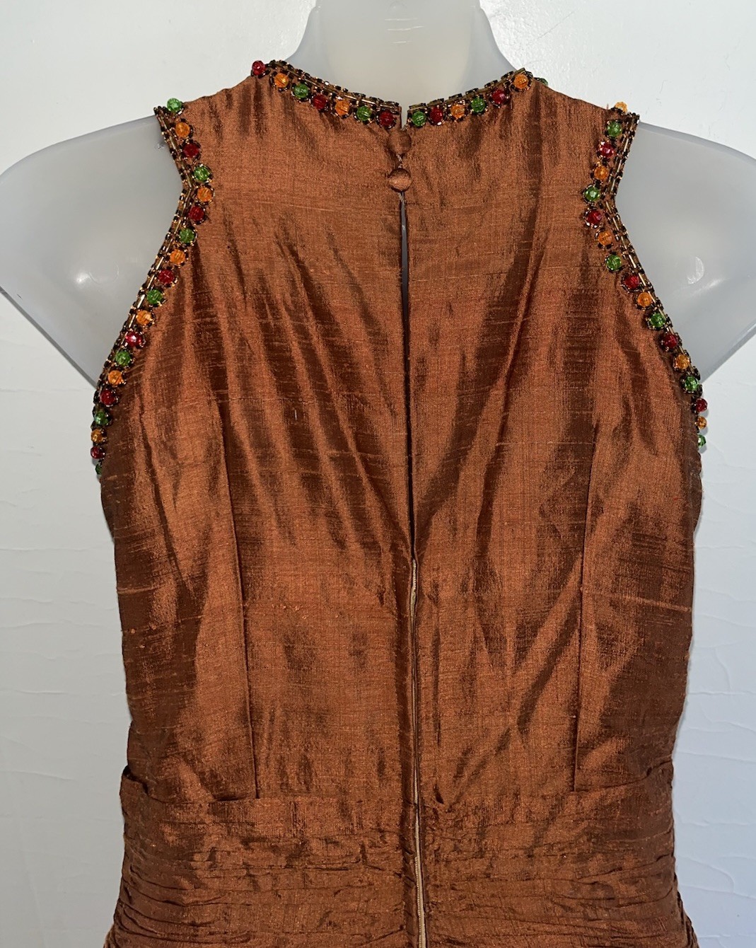 Stunning OOAK 1950s Raw Silk Hand Beaded Copper Bubble Evening Dress Tiered-Sz S