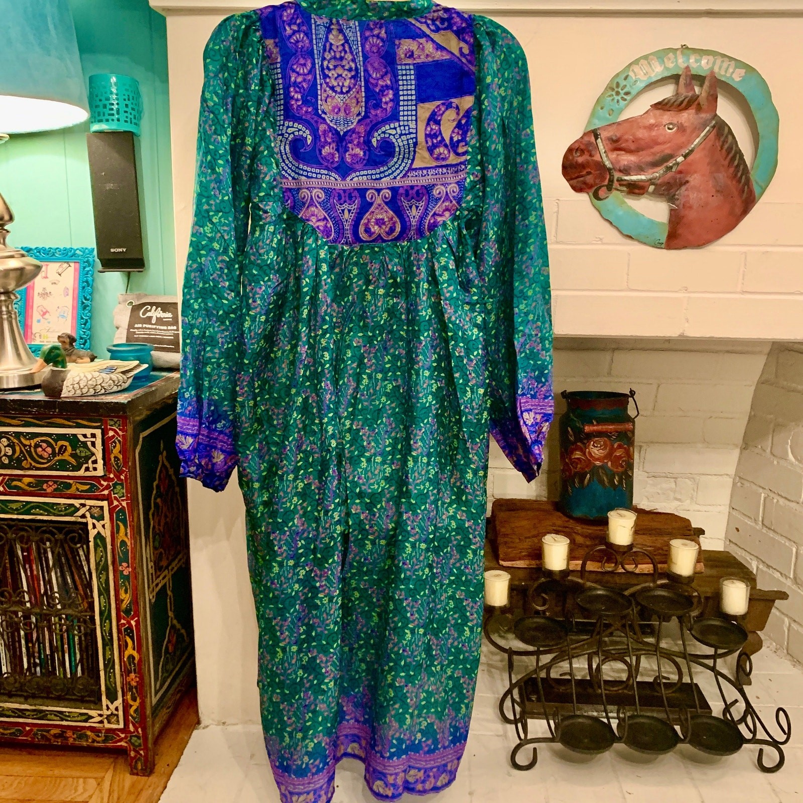 SEVENTIES 70&rsquo;s India SILK Mixed PATCHWORK Block Print HIPPIE BOHO Gypsy Dress