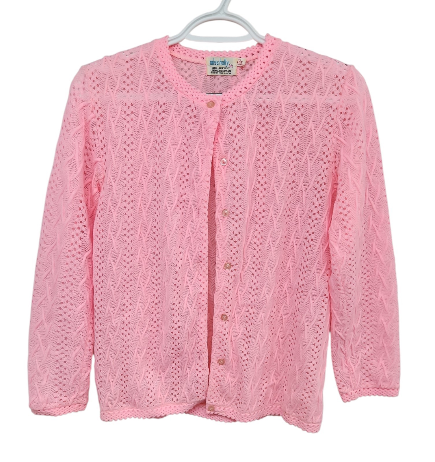 Vintage 1960s Miss Holly Pink Pointelle Lace Cardigan, Sz Medium