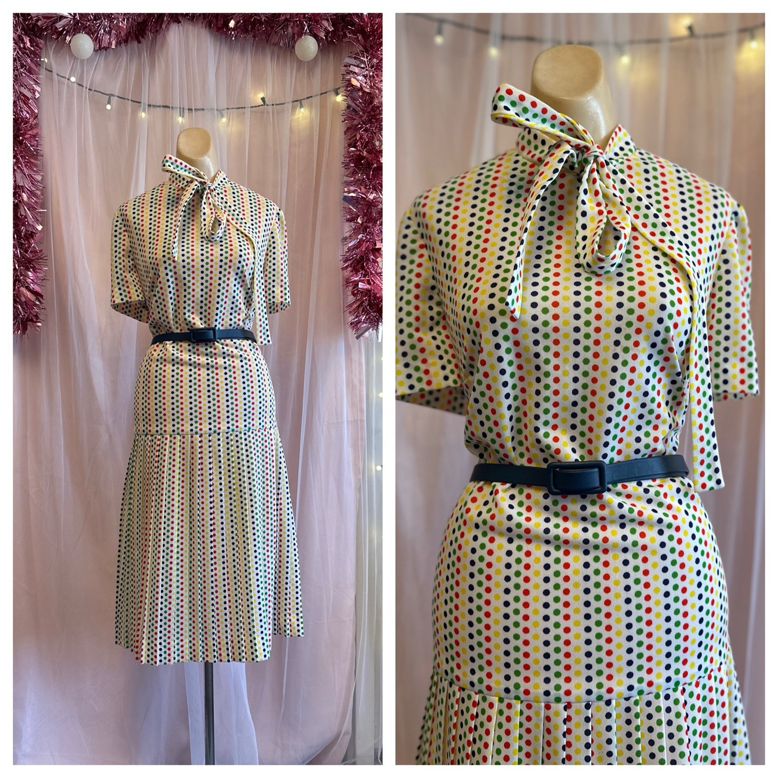 Vintage 60s 70s Mod Polka Dot Dress Drop Waist Pleated New Wave Clown XL