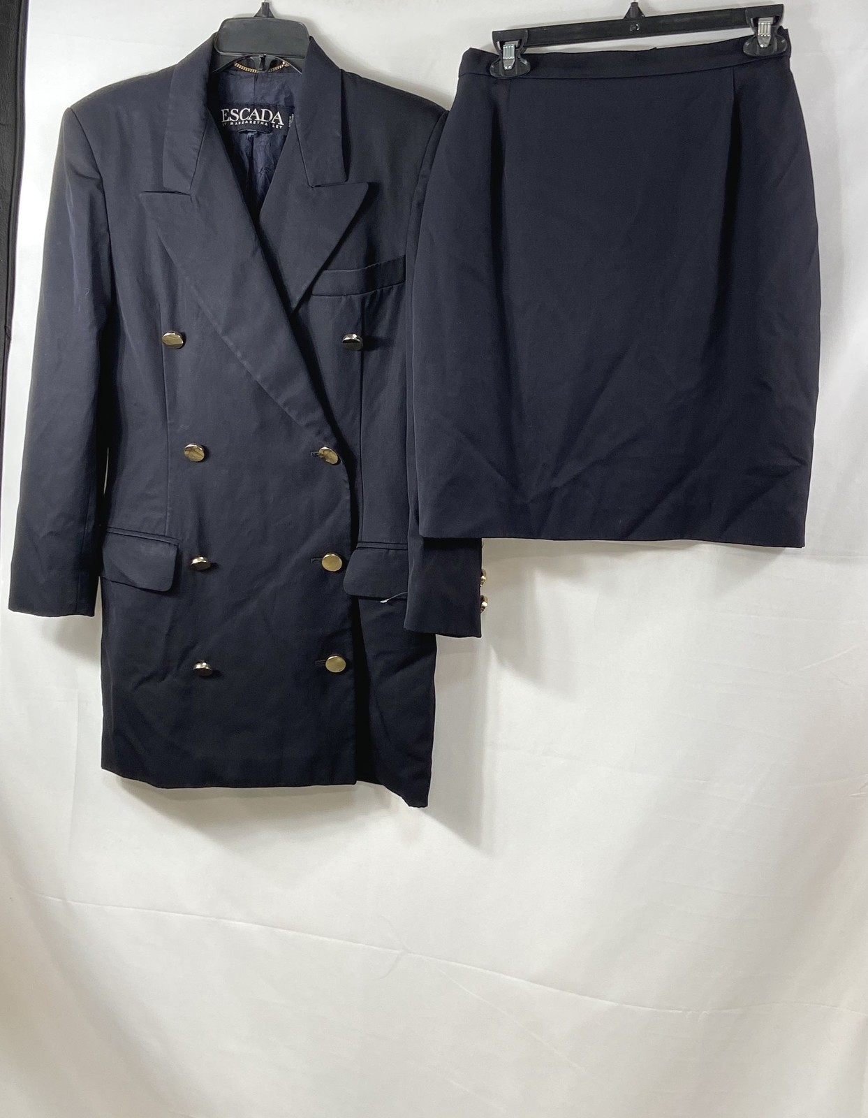 Vintage 90s Escada Women&rsquo;s Navy Wool Double Breasted Suit Blazer Skirt Set Sz 38