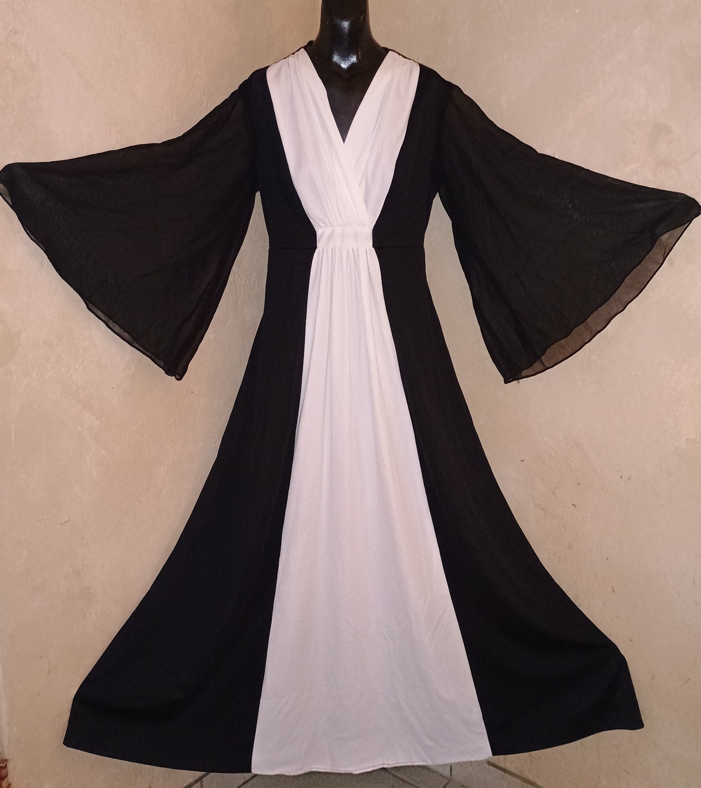 Vtg 70s Black White Maxi Dress Sheer Bell Sleeves Full Sweep Hippie Boho Hostess
