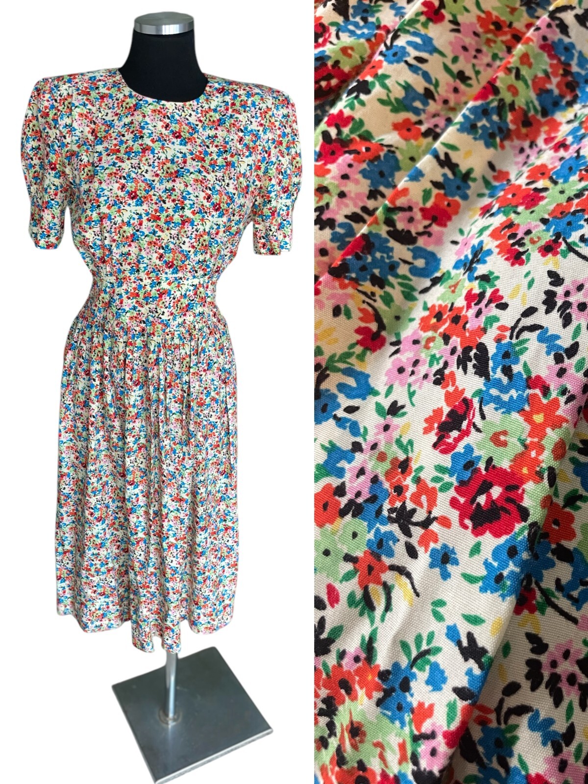 Vintage 80&rsquo;s Karin Stevens Dress Sz 6P Mulit Color Midi Floral Cottagecore Retro