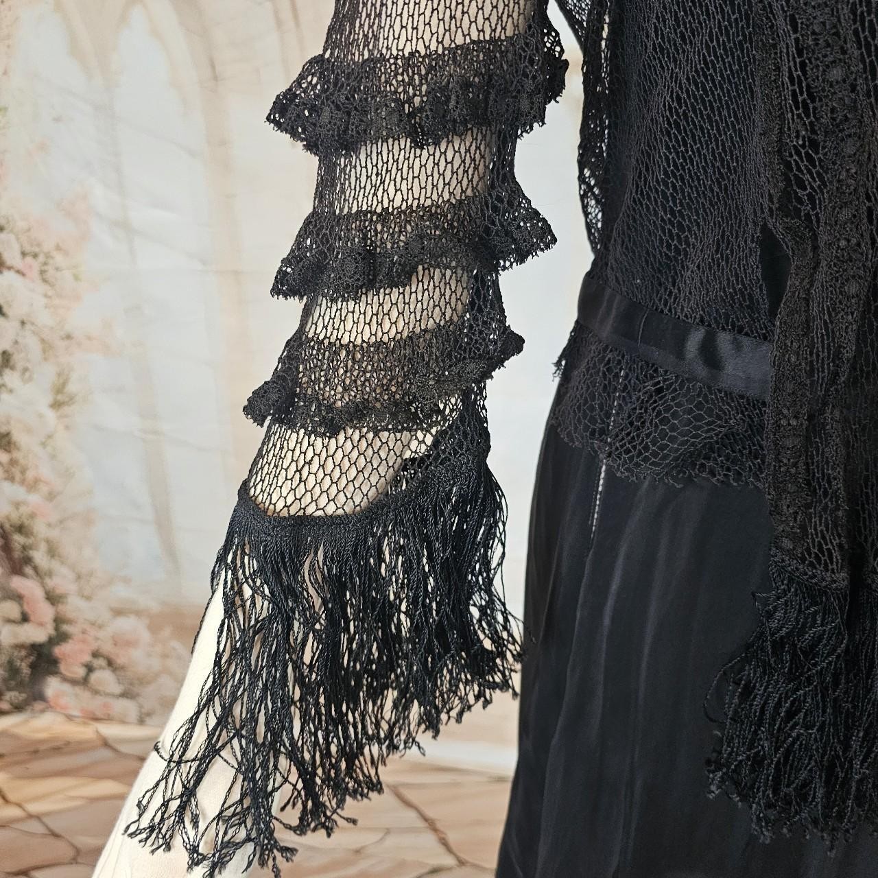 Black Crochet Lace Blouse Fringe Tassels Antique Victorian Edwardian Top Shirt