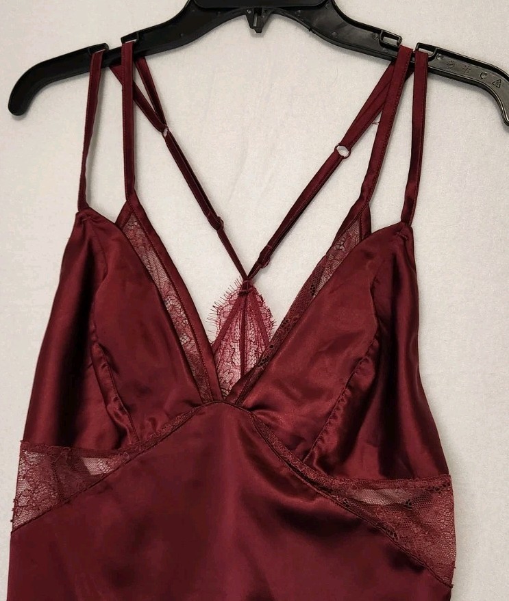 Spaghetti Strap Slip Dress Satin Lingerie Burgundy Maroon Med Coquette Sexy