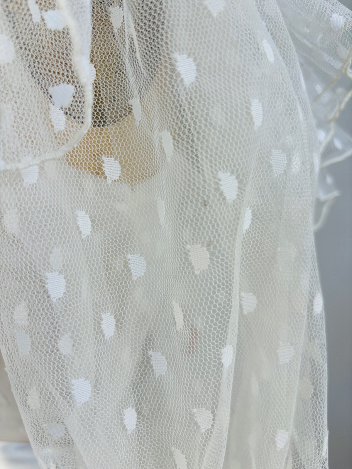 VTG 80s WHITE POLKA DOT TULLE RUFFLE BOW COQUETTE WHITE GOWN PRINCESS DRESS*XS/S