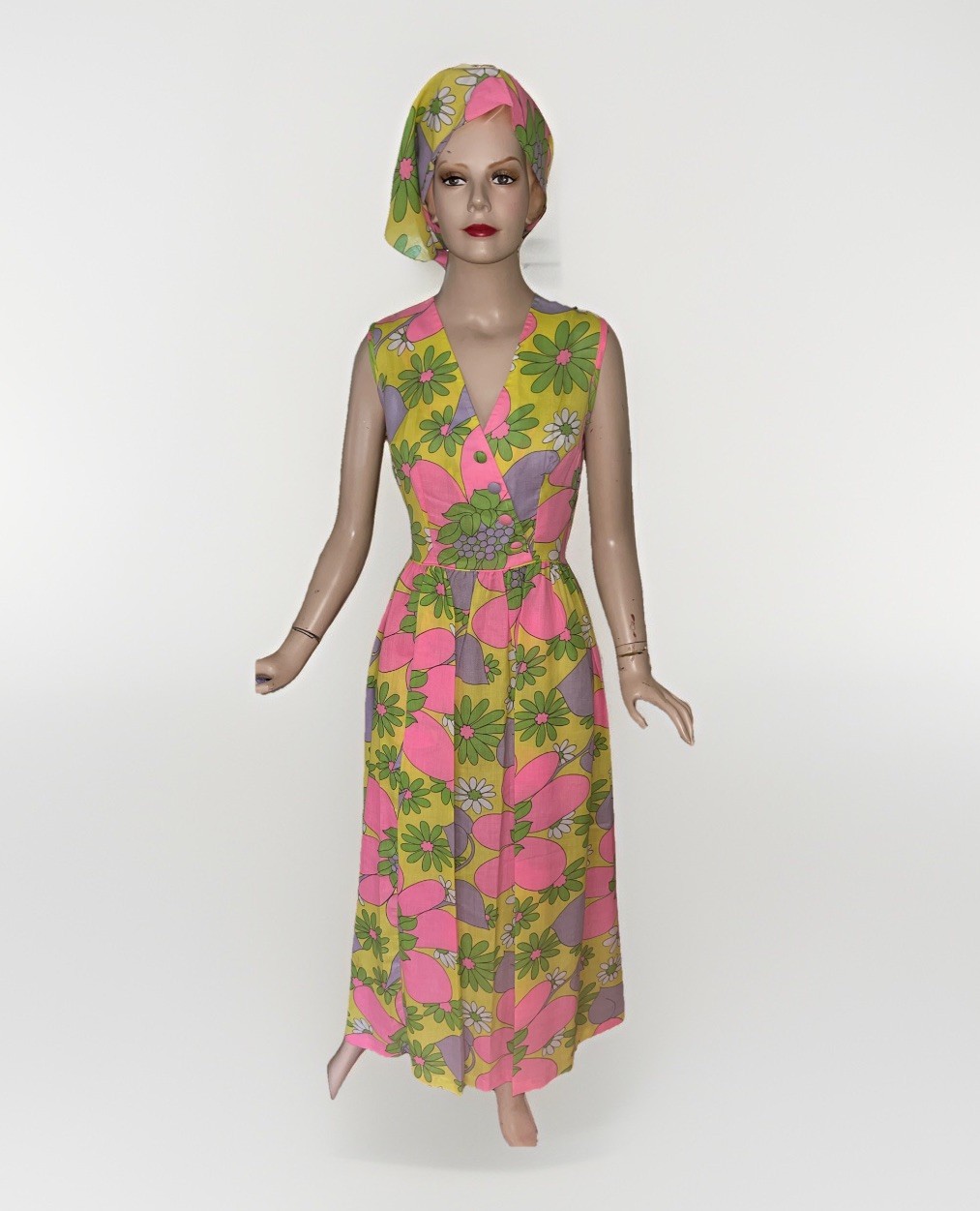 Vintage 60s 70s NOS psychedelic Mod Neon Floral Maxi Dress 2 Piece Head wrap