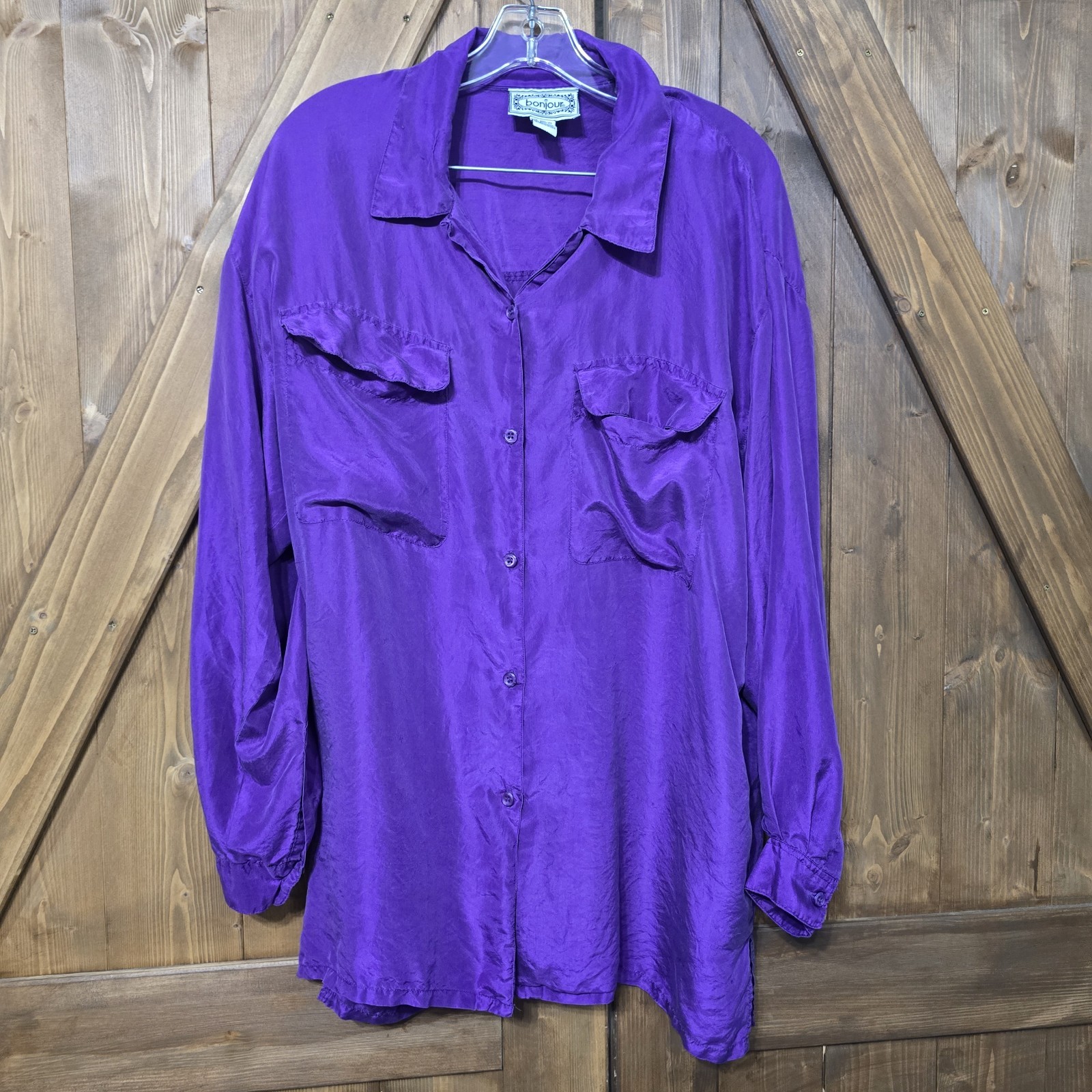 Vintage 90s Bonjour 100% Silk Purple Button Up Blouse Women&rsquo;s Plus 20W