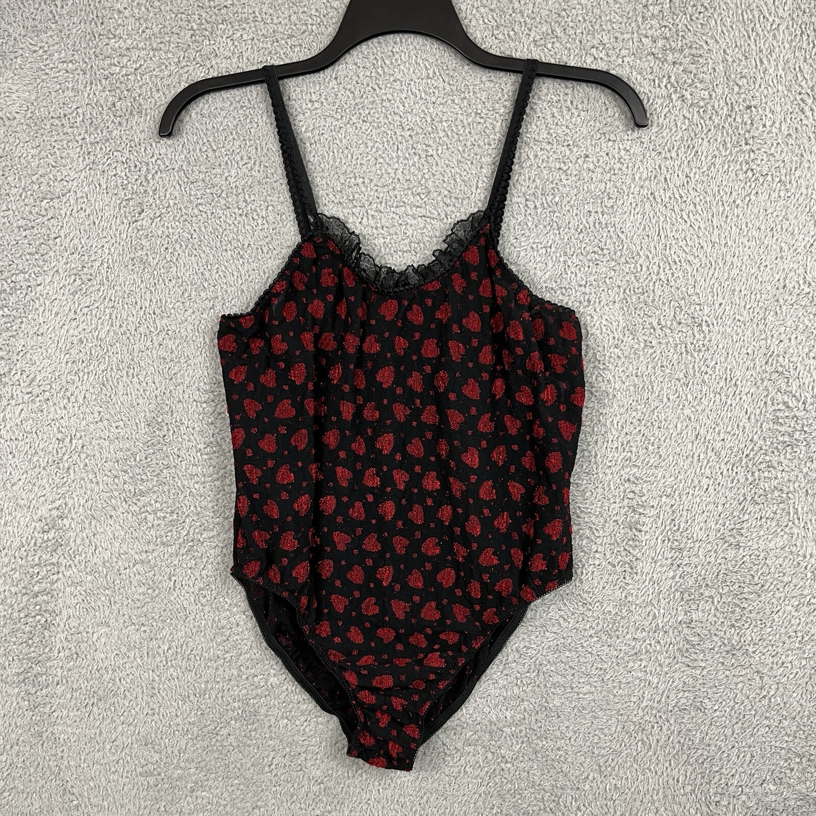 VTG Bodysuit Teddy Lingerie Tag 1X 32” PTP Sheer Stretchy Lace Hearts Valentines