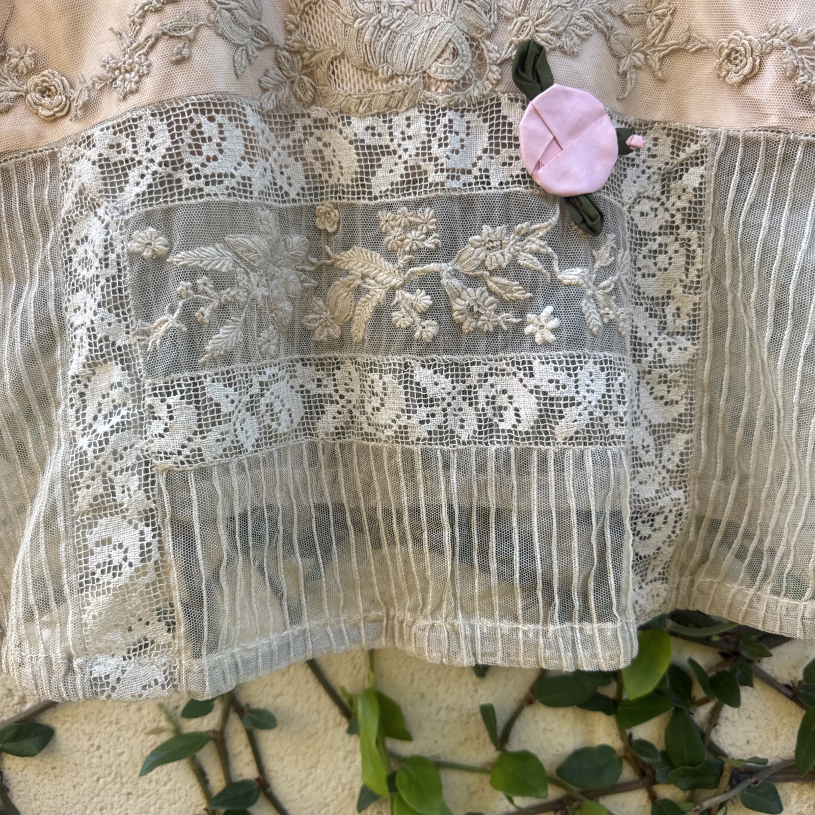 Antique Edwardian Mixed Net Lace Camisole Silk Flowers Dress Blouse Vintage