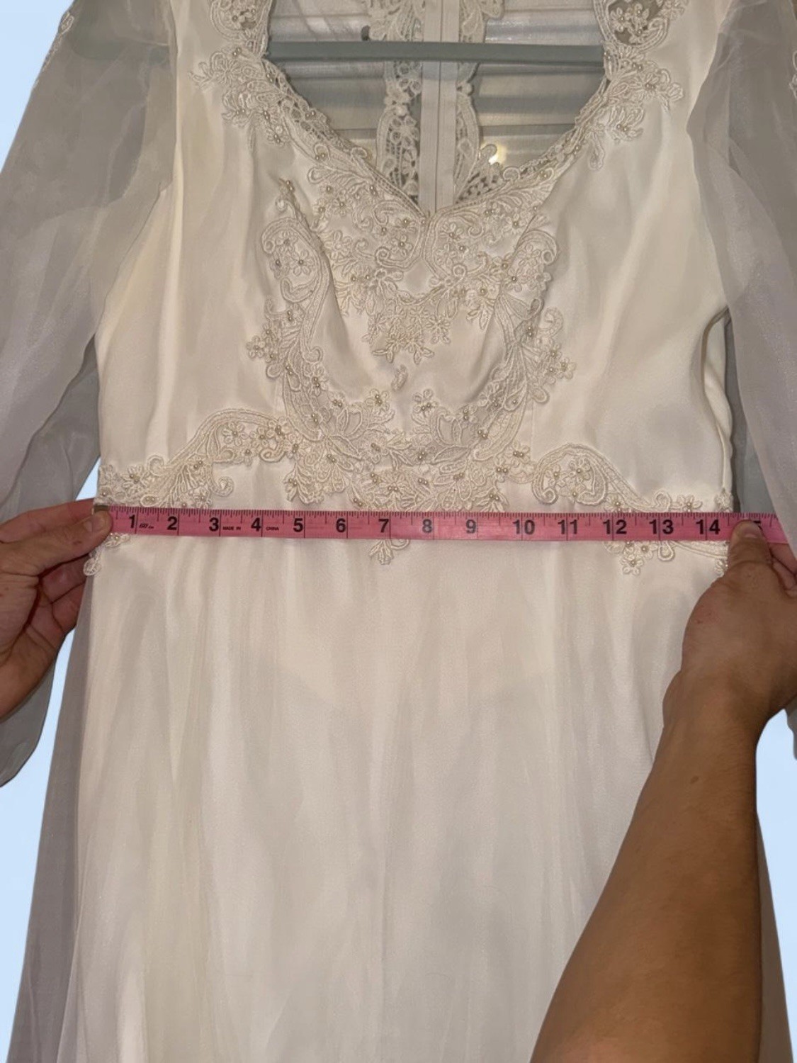 Vintage 1970s ILGWU Union Made Off-White Wedding Dress Pearl Applique Train