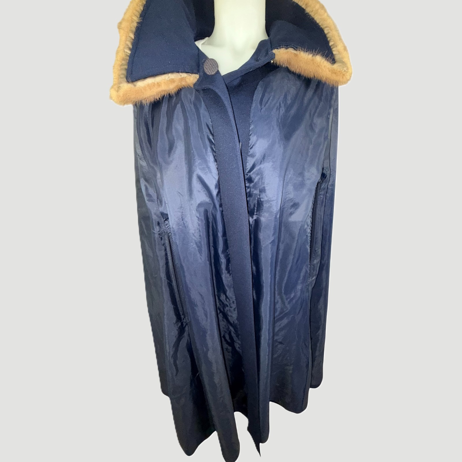 Vintage 1950s Opera Cape Cloak Navy Wool Fur Collar Swing Coat Satin Lined