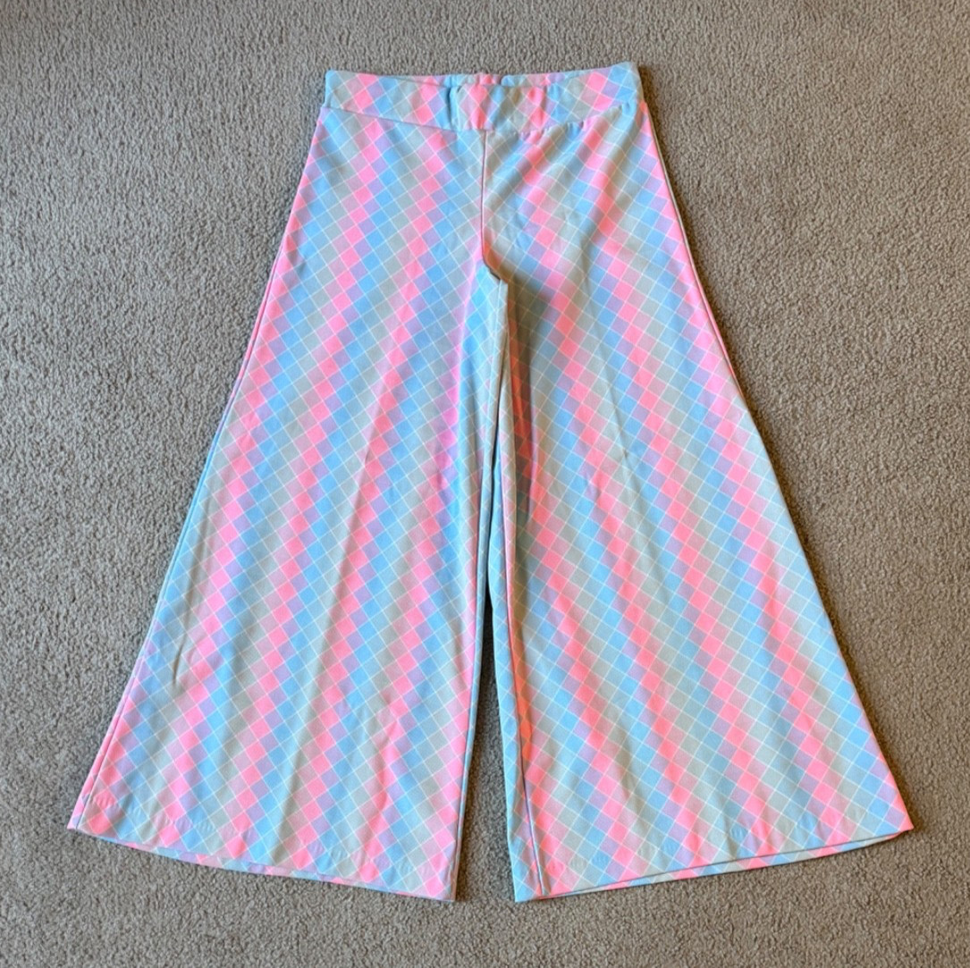 VTG 70s Women&rsquo;s Pastel Diamond Pattern Flared Bellbottom Pants – 14 / 30-34 in