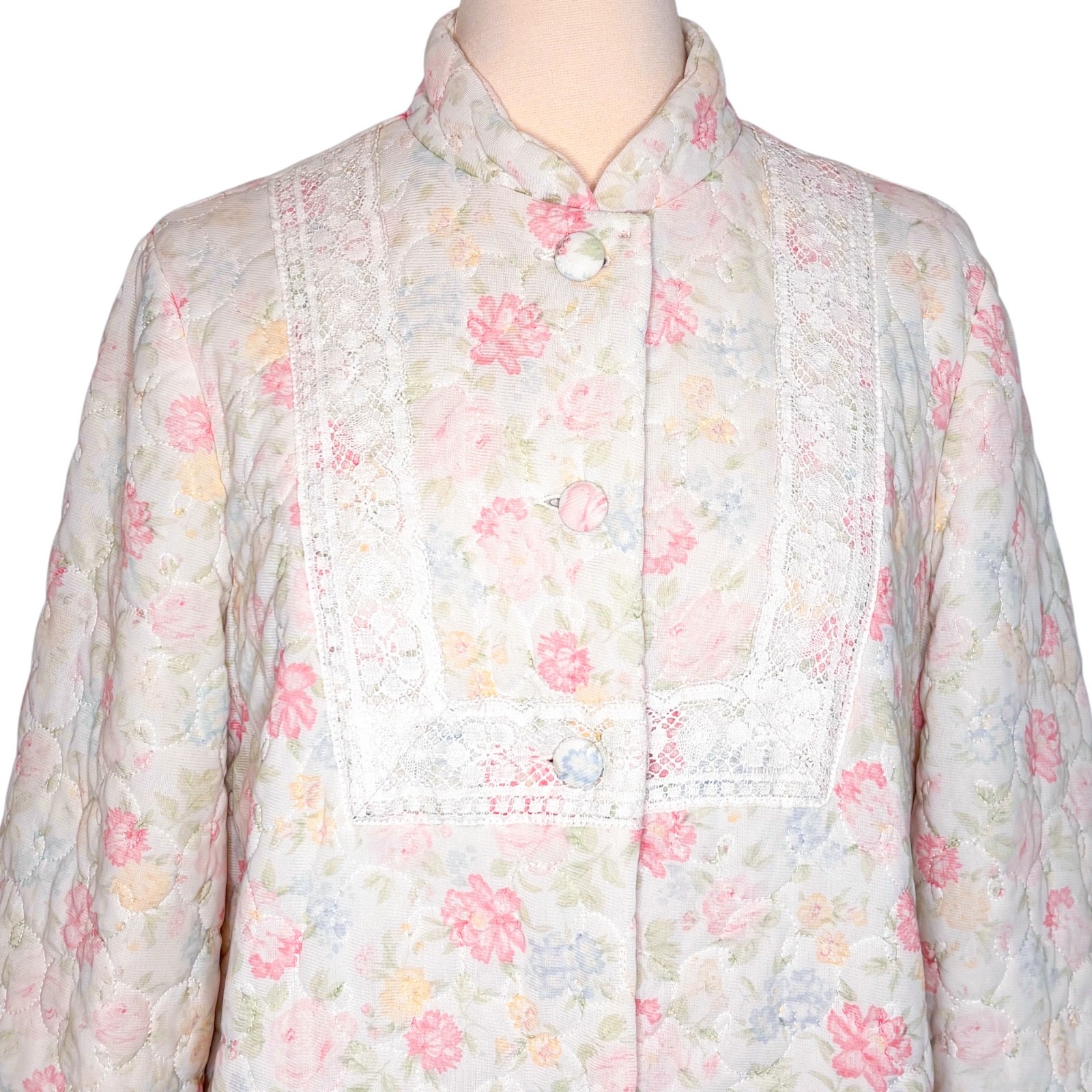 Vintage Sears At Home Wear Quilted Floral Button Front Ivory Pink Robe Housecoat