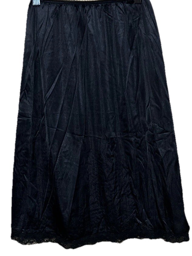 Leggs Black Half Slip Size Small Silky Lace Trim Vintage Lingerie 24 Inches Long
