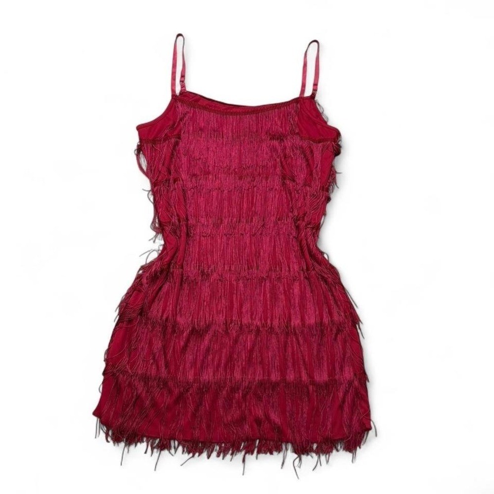 Red 1920&rsquo;s mini dress flapper inspired fringe adjustable straps gatsby party L
