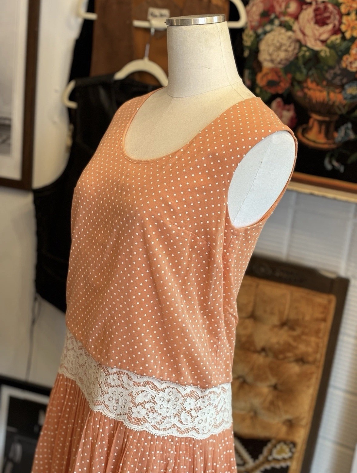 Vintage 60&rsquo;s Orange Polka Dot Dress Cotton Drop Waist Lace Size Small Medium
