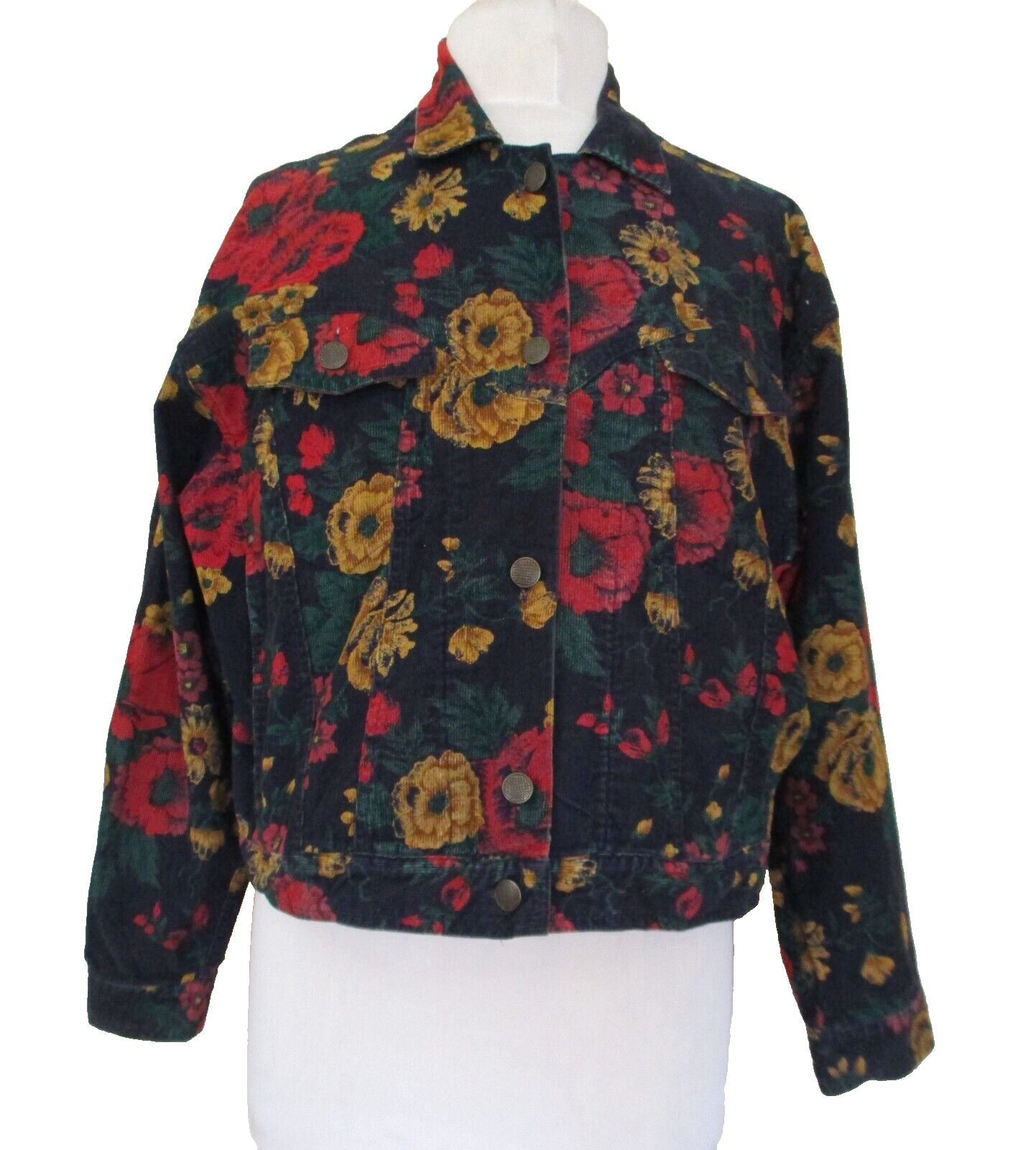 Vintage Crop Corduroy Jacket Medium Women Blue Multicolor Floral Print