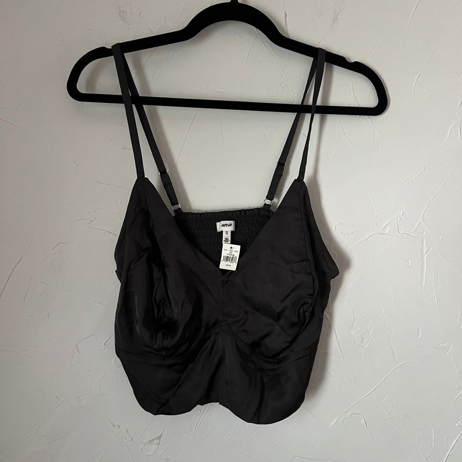 Aerie Cami Crop Top Black NWT Minimalist Coquette Chic Parisian Smocked Size XL