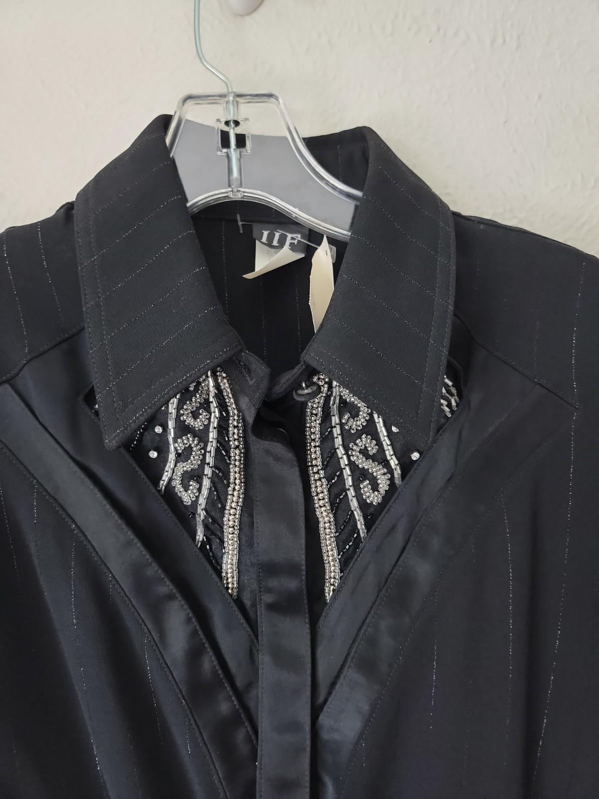 Vintage IIF Black Rhinestone Blouse Bodysuit Small Dressy Old Money Sheer Sleeve