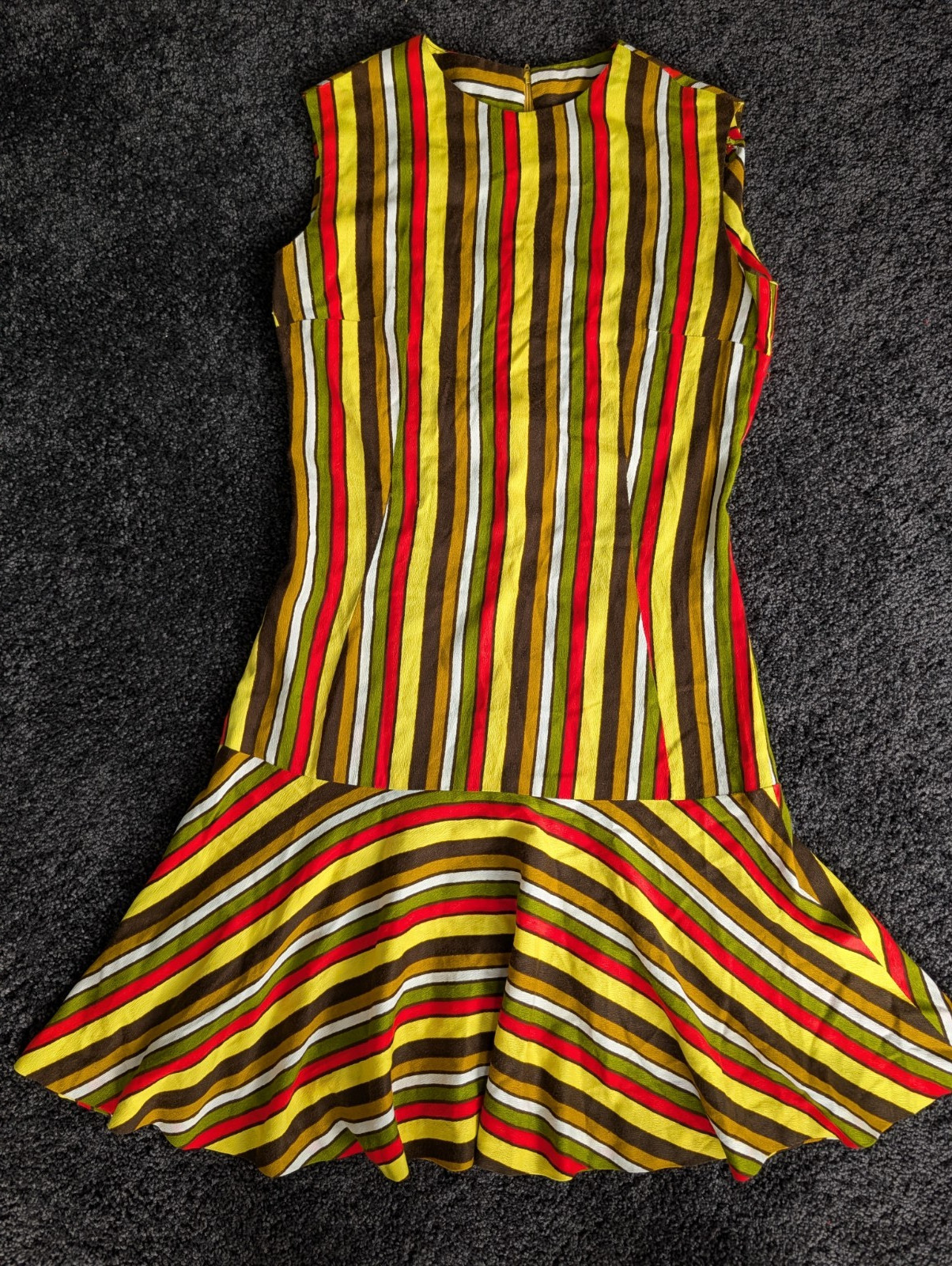 Vtg 60s 70s Groovy Striped Mini Dress Sz S/M Drop Waist Ruffle Hem Barkcloth Mod
